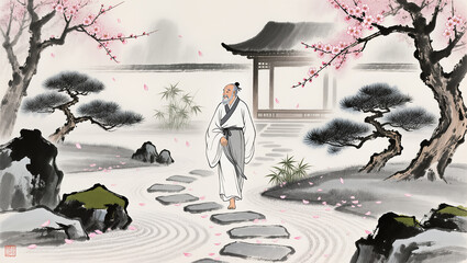 Elderly figure strolls gracefully through cherry blossom garden