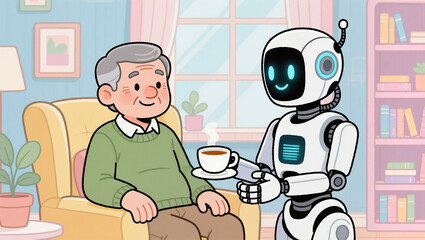 Elderly man enjoys coffee served by friendly robot companion at home