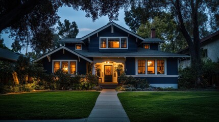 Night view of Craftsman home, illuminated, suburban neighborhood. Real estate listing