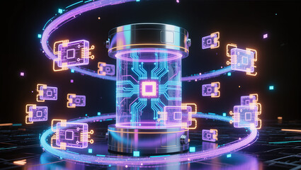 Futuristic data core with glowing circuits and vibrant energy flow