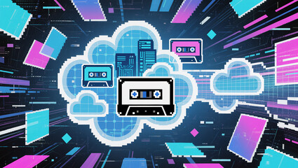 Creative digital collage of cloud storage with retro cassette tapes