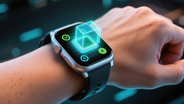 Smartwatch shows holographic app in a techy setting