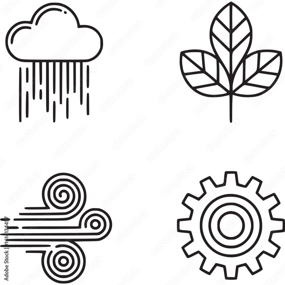 Poster four icons arranged in a grid with a rain cloud leaf wind and gear on a white background design elem
