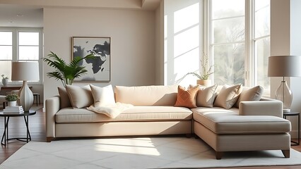 Obraz premium Stylish sofa with decorative pillows in a contemporary living space, radiating elegance and comfort.