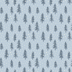 Small Christmas trees and snowflakes isolated on blue background. Cute seamless pattern. Vector simple flat graphic hand drawn illustration. Texture.