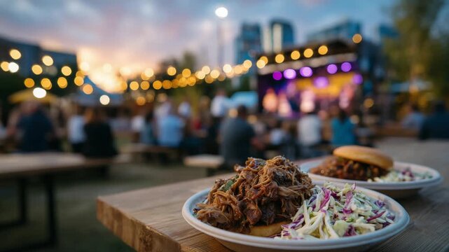 Enjoy mouthwatering pulled pork sandwiches with fresh coleslaw from a vibrant BBQ food truck, set in a lively outdoor atmosphere with string lights and live music.