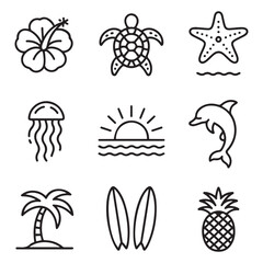 Tropical Summer Line Art Icon Set Featuring,  Jellyfish, Turtle, Sunset, Surfboards, and Pineapple – Perfect for Beach and Ocean Vacation Themes, Vector modern illustration, Graphic Design