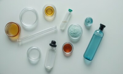 Elevated flat lay showcasing an array of skincare and cosmetic product containers on a white surface