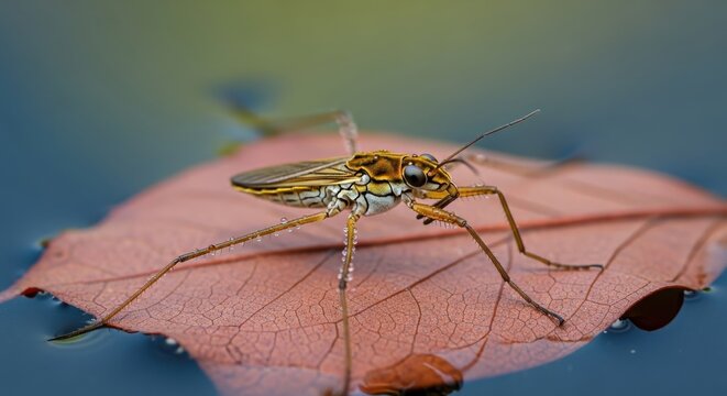 A water strider resting on a leaf floating on the waters surface