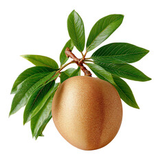 A single ripe sapodilla fruit hangs from a branch with several vibrant green leaves, isolated against a pure white background in a studio setting for clarity.