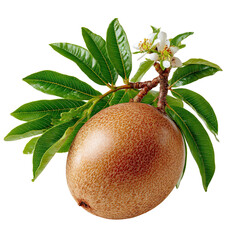 A ripe sapodilla fruit hangs from a small branch with fresh green leaves and delicate white blossoms against a clean, white background for a simple studio shot.