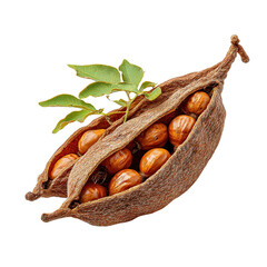 Dried seed pod opened to reveal round seeds with a few green leaves showing, all isolated on a seamless white background to highlight details and texture.