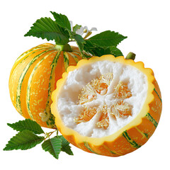 Two ornamental gourds, one whole and one cut open to reveal the white flesh and seeds, are decorated with green leaves and a small white flower.