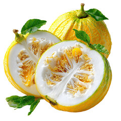 Sliced yellow melon with visible seeds alongside a whole melon and green leaves create a vibrant and healthy arrangement on a clean white background surface.