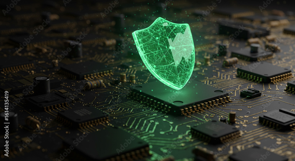 Poster glowing green shield hologram over a microchip on a dark circuit board with other chips around it