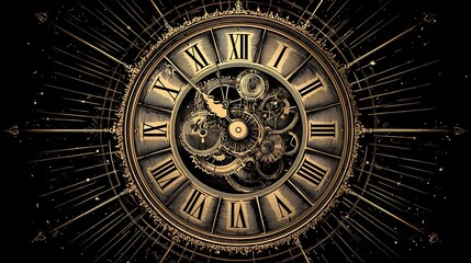 Intricate golden clockwork design on black symbolizes time passage, perfect for web, editorial, or print design.