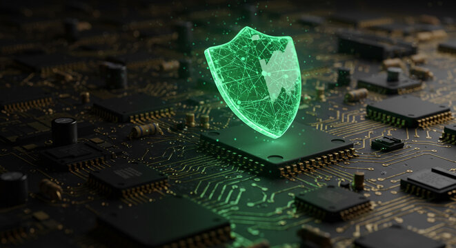 Glowing green shield hologram over a microchip on a dark circuit board with other chips around it