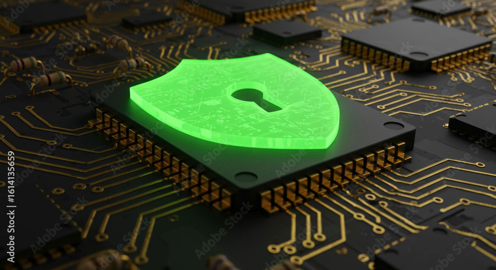 Poster a glowing green shield with a keyhole on a microchip surrounded by electronic components and circuit
