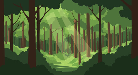 Lush green forest illustration with sunlight rays woodland landscape scene