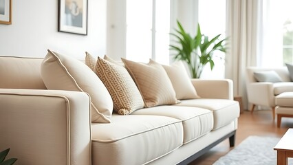 Fototapeta premium An elegant sofa with decorative pillows in a bright, modern living room.