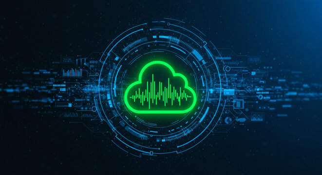 Glowing green cloud with sound waves inside surrounded by a blue digital interface circle design