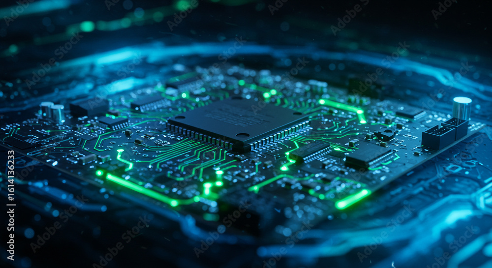 Poster a close up view of a computer chip with green glowing lines and blue light surrounding it all around