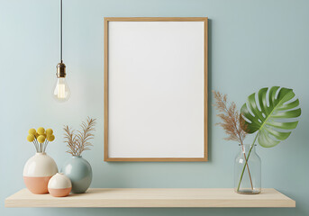 A minimalist display featuring a wooden-framed blank canvas, colorful vases, and a hanging light against a pastel blue wall.