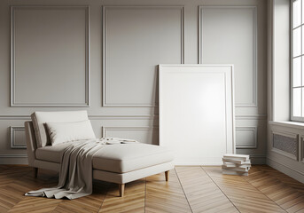 Cozy lounge area featuring a light-colored chaise with a throw, a large blank canvas, and books on herringbone wooden flooring.