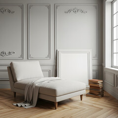 A cozy, modern chaise lounge in a stylish room with elegant moldings, a blank canvas, and a stack of books by a large window.
