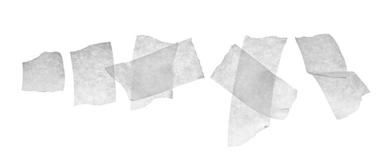 Obraz premium Set paper adhesive tape, pieces flying isolated on white, clipping path