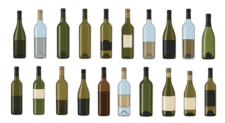 Collection of various wine bottles in different shapes colors and fill levels arranged in two rows on white