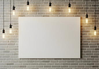 A blank canvas against a textured gray brick wall, illuminated by warm, hanging light bulbs creating a cozy atmosphere.