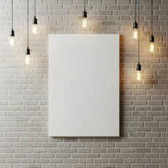 A blank white canvas mounted on a textured brick wall, illuminated by hanging vintage-style lightbulbs.