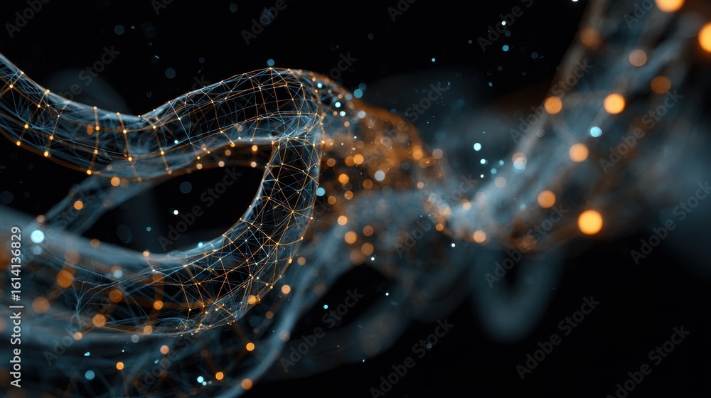 Poster complex orange mesh structure with glowing dots is floating and rotating on a dark background with b