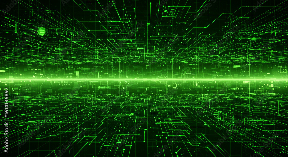 Poster a digital landscape with glowing green lines forming a complex network in a dark virtual space scene