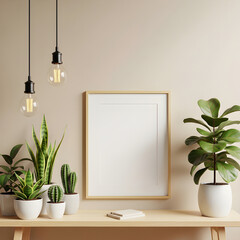Minimalist interior setup featuring hanging lights, a blank framed picture, and various potted plants on a wooden shelf.
