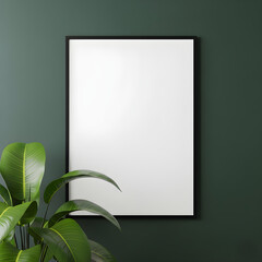 A minimalist black-framed blank canvas hangs on a dark green wall, accompanied by a lush green potted plant in the foreground.