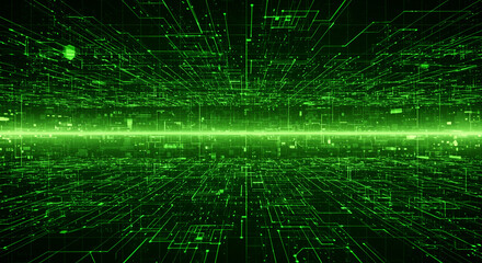 A digital landscape with glowing green lines forming a complex network in a dark virtual space scene