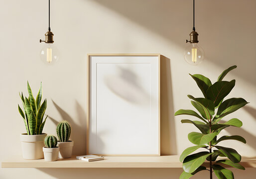 Modern interior scene with a blank picture frame, hanging lights, and potted plants on a wooden shelf against a beige wall.