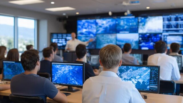 Professionals participate in an interactive cybersecurity drill, utilizing real-time response dashboards in a bright training environment.