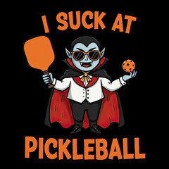 Cartoon vampire holding paddle and ball while dressed for pickleball  