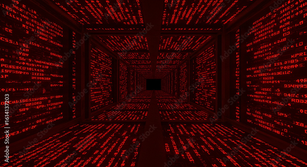 Aufkleber a red digital tunnel with glowing text and a vanishing point at the end of the corridor space