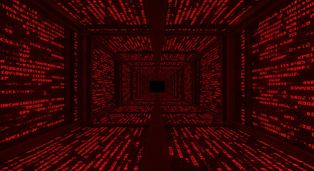 A red digital tunnel with glowing text and a vanishing point at the end of the corridor space