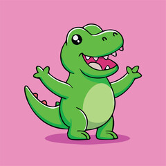 Cheerful green cartoon alligator raises its arms happily against a pink background