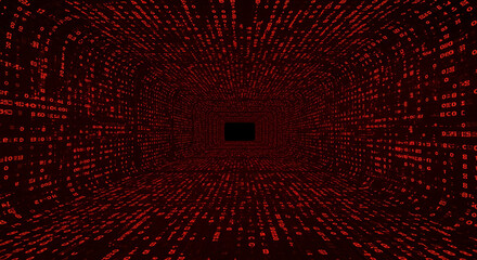 A digital tunnel with red binary code leading to a black rectangle at the end of the tunnel