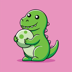 Naklejka premium Charming green dinosaur smiles while tenderly holding its spotted egg, set against a pink backdrop