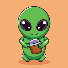 Obraz premium Cheerful green cartoon alien is walking while carefully holding a brown beverage cup