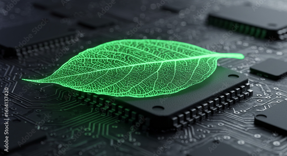 Poster a glowing green leaf on a black computer chip with visible circuit board patterns and other chips ar