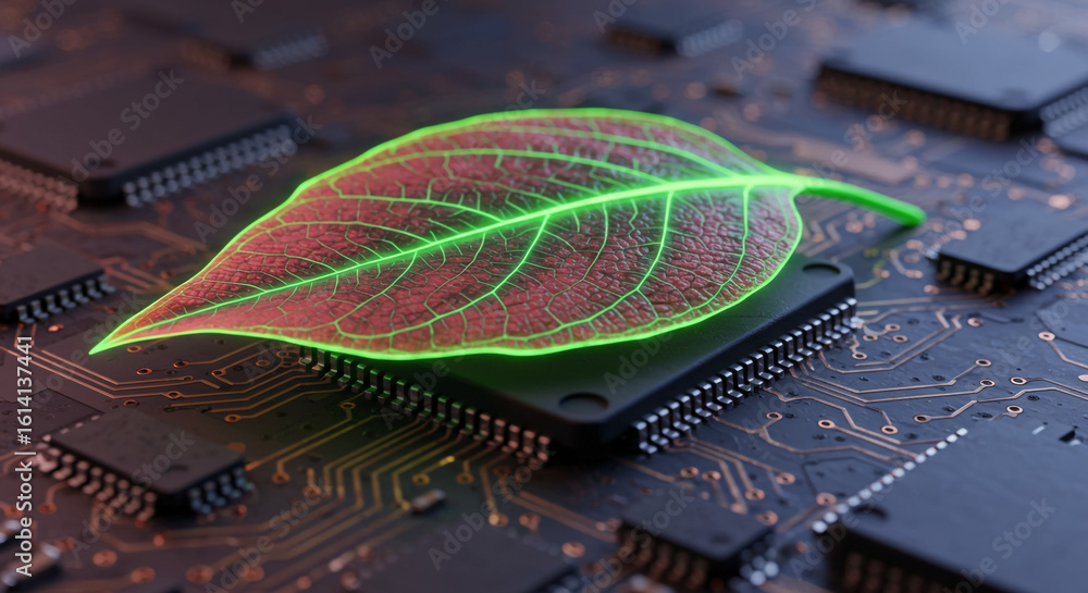 Aufkleber a glowing leaf resting on a microchip surrounded by other chips on a circuit board background