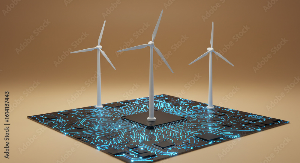 Poster three wind turbines standing on a square circuit board with a central chip on a brown background